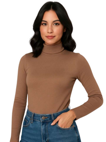 Blusa Cacharrel Feminina Inverno – Gola Alta Ribana, Algodão Canelado, Manga Longa